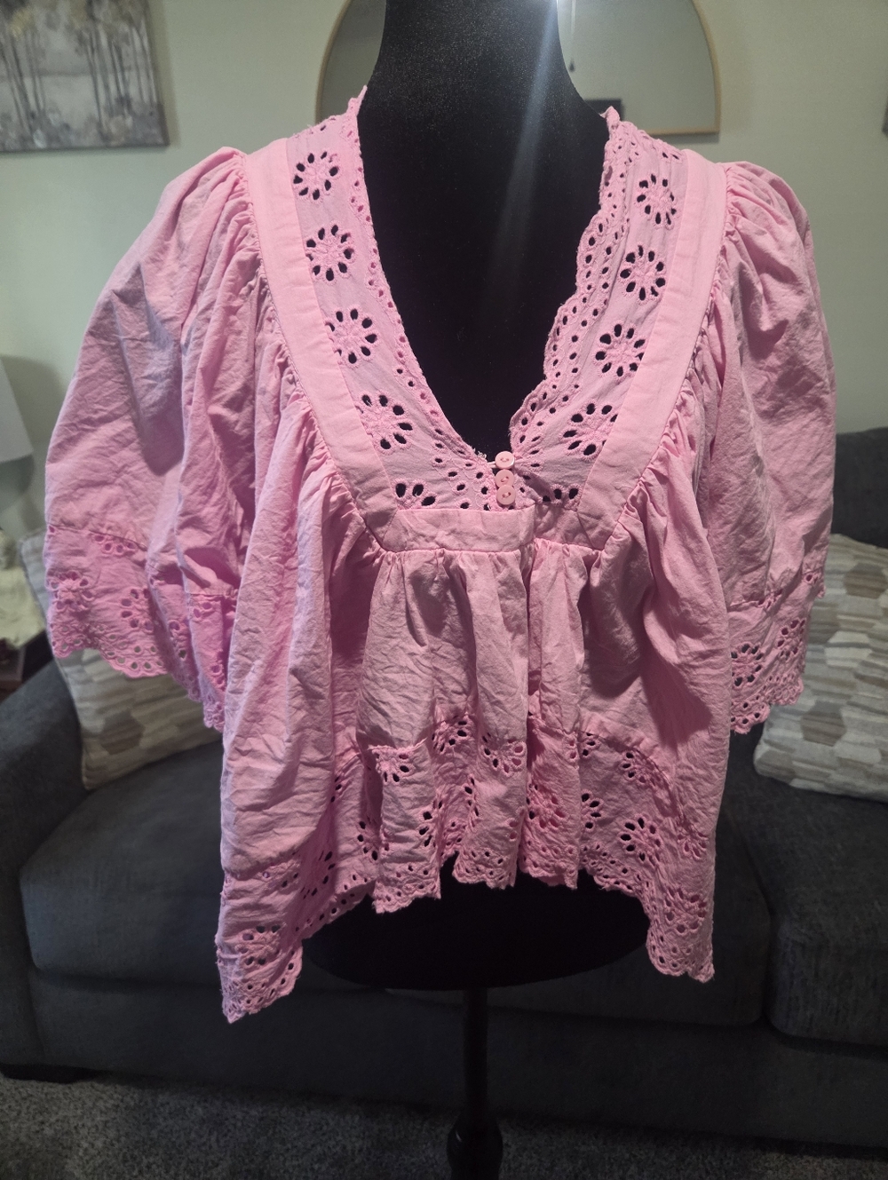 HYFVE Pink Eyelet V-Neck Cropped Blouse